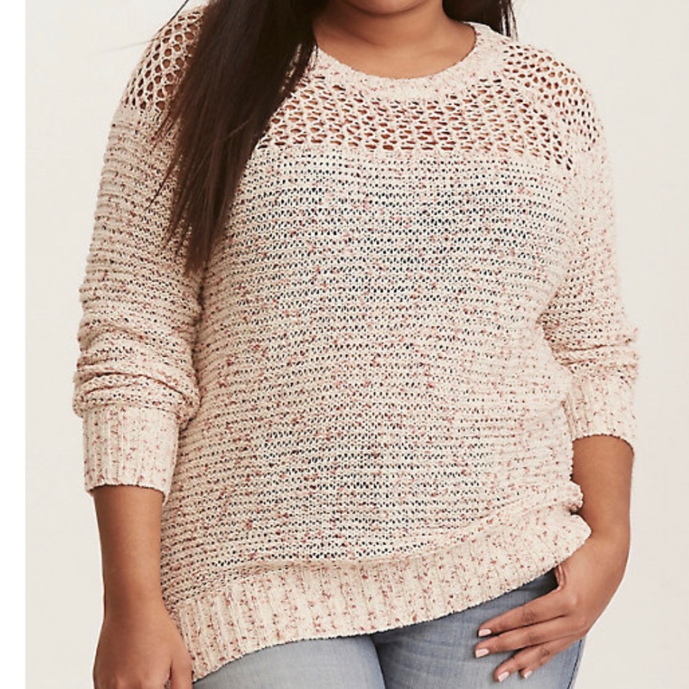 Torrid, OPEN STITCH YOKE RAGLAN SWEATER